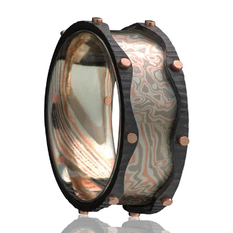 RUSH | Men's Mokume Gane Wedding Ring | Zirconium Rails | Rose Gold Rivets | 8mm