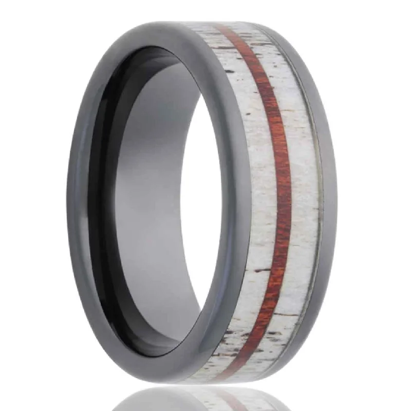 SAWYER | Men's Wedding Ring | Antler Inlay | Blood Wood Inlay | 8mm