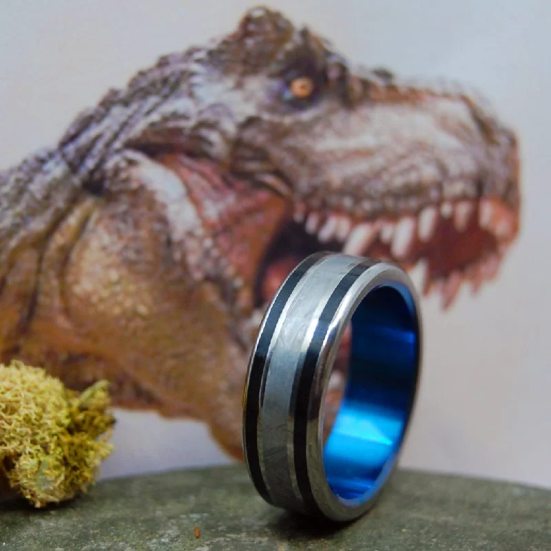 T-Rex Dino-Blue | Men's Dinosaur Tooth, Meteorite & Titanium Wedding Ring