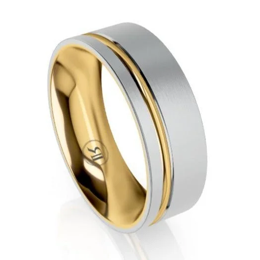 The Lewis Gold Two Tone Inner Sleeve and Striped Inlay Wedding Ring