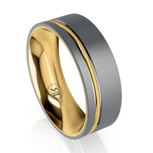 The Lewis Tantalum and Yellow Gold Sleeve and Striped Inlay Wedding Ring