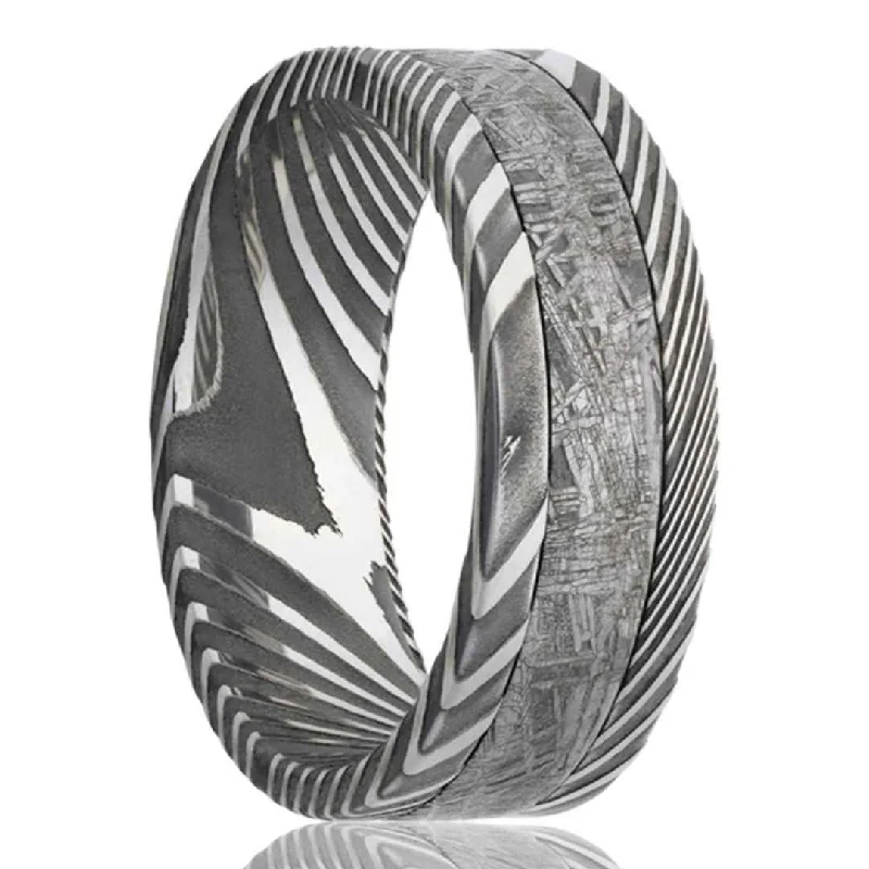 TUSSOR | Men's Damascus Steel Wedding Ring | Meteorite Inlay | 8mm