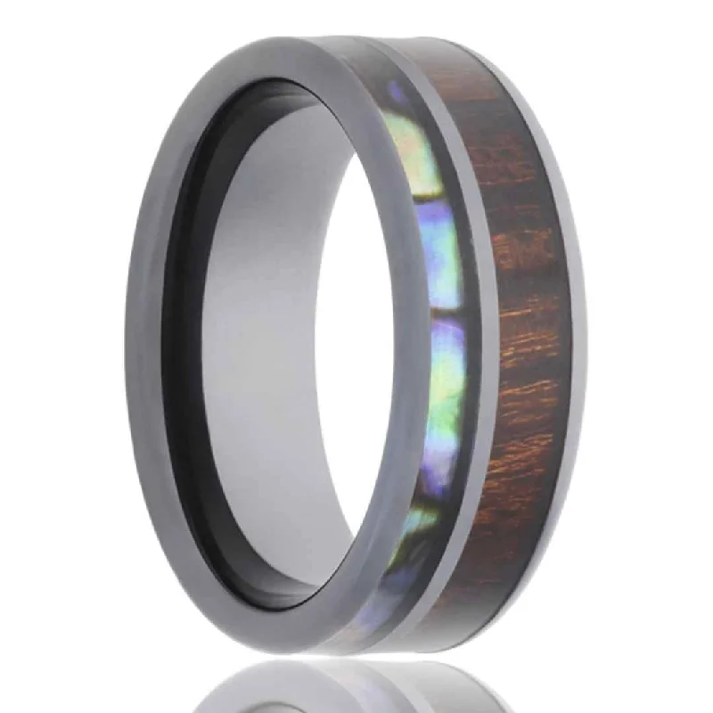 ZANE | Men's Black Ceramic Wedding Ring | Koa Wood Inlay | Abalone Inlay | 8mm