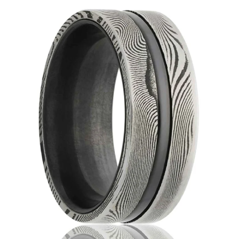 ZECHARIAH | Men's Zirconium Wedding Ring | Damascus Steel Overlay | 8mm