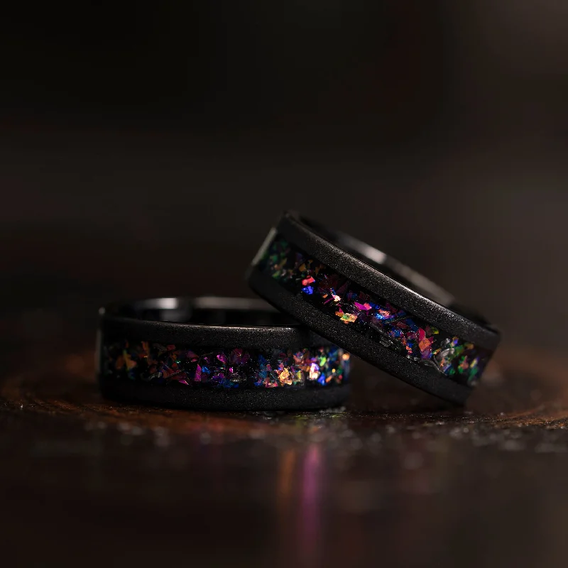 "Zeus" Flat Nebula Ring Purple- Meteorite and Opal- Black 8mm