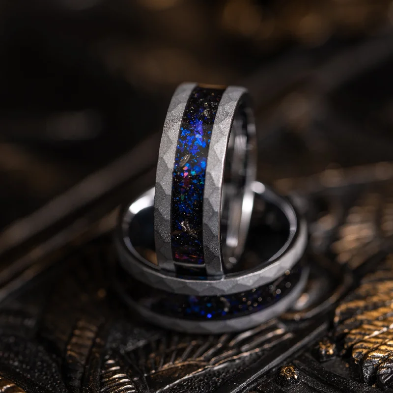 "Zeus" Hammered Nebula Ring- Meteorite and Opal- Silver 8mm