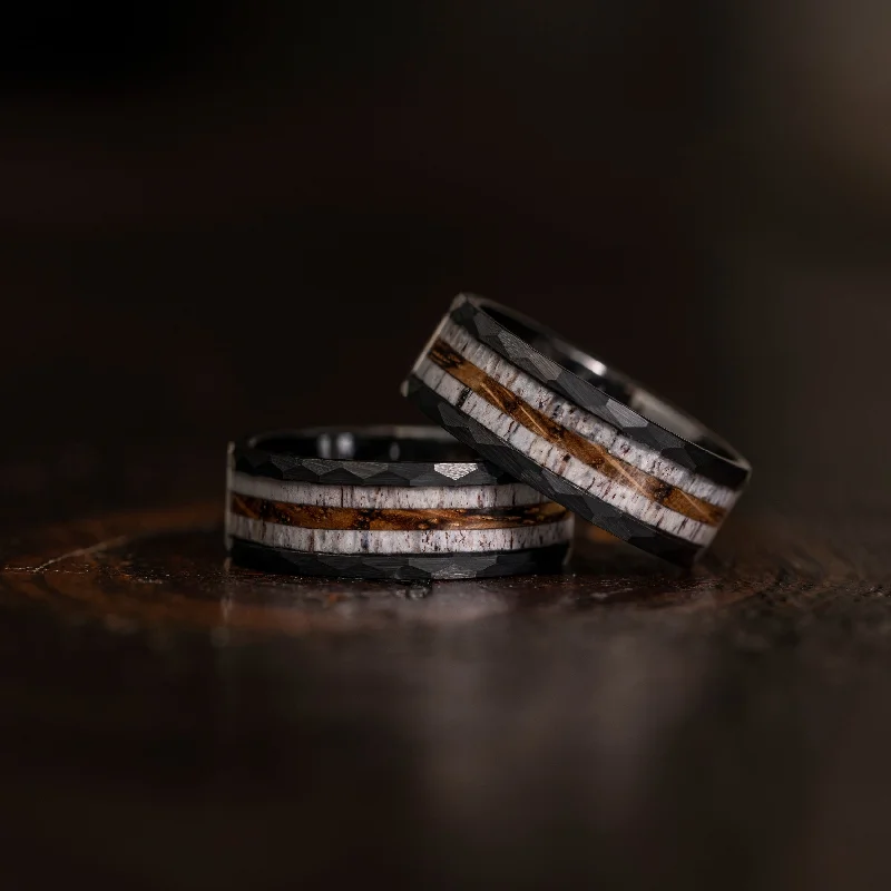 "Zeus" Hammered Ring- Black Charred Whiskey Barrel and Antler