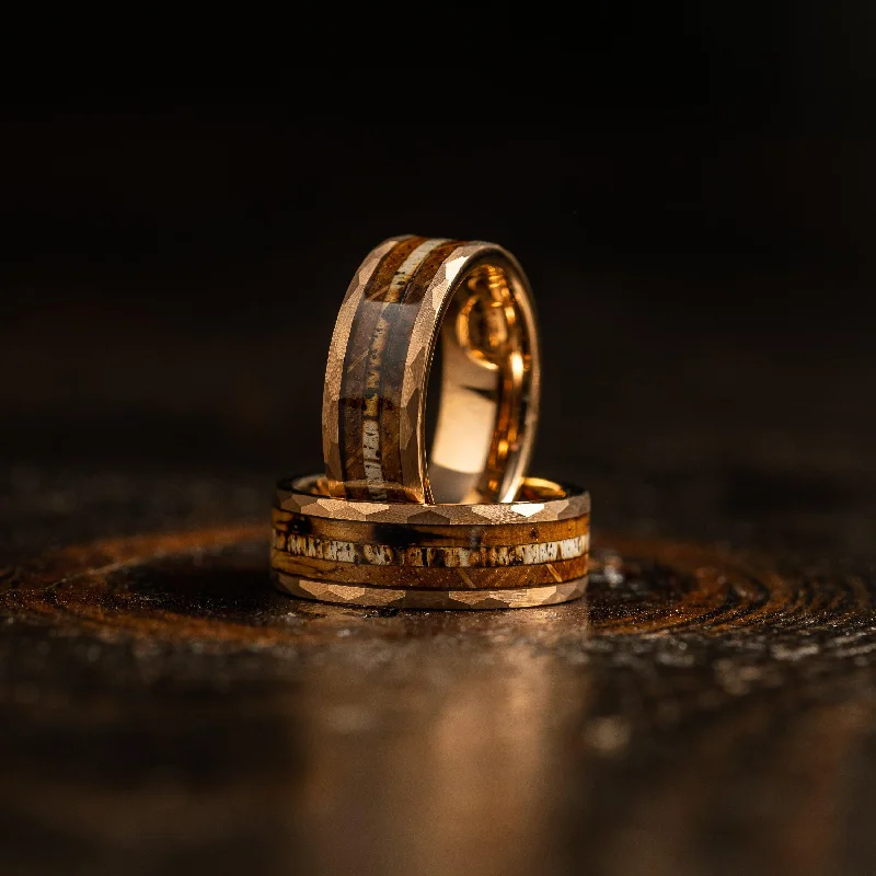 "Zeus" Hammered Ring- Rose Gold with Charred Whiskey Barrel and Antler 6mm/8mm