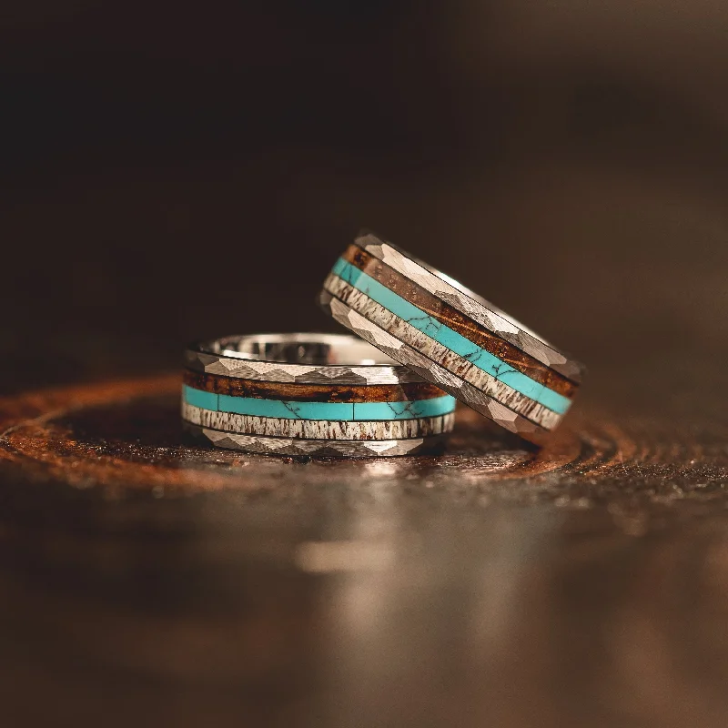 "Zeus" Hammered Ring- Silver with Charred Whiskey Barrel, Turquoise and Antler